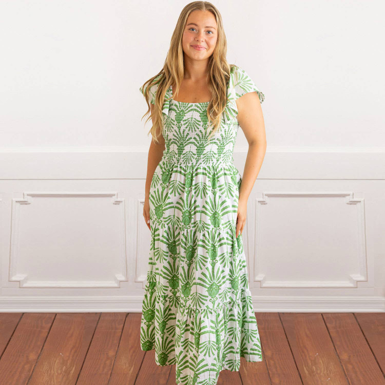 8 Oak LaneGreen Deco Palm Smocked Flutter Sleeve Dress