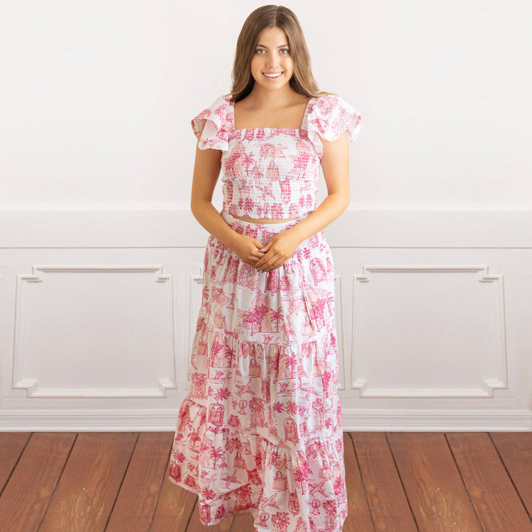 8 Oak LanePink Toile Smocked Flutter Sleeve Top & Skirt Set