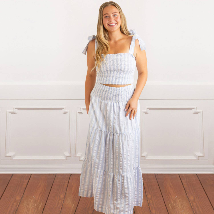 8 Oak Lane Blue & White Textured Stripe Smocked Tie Top & Skirt Set