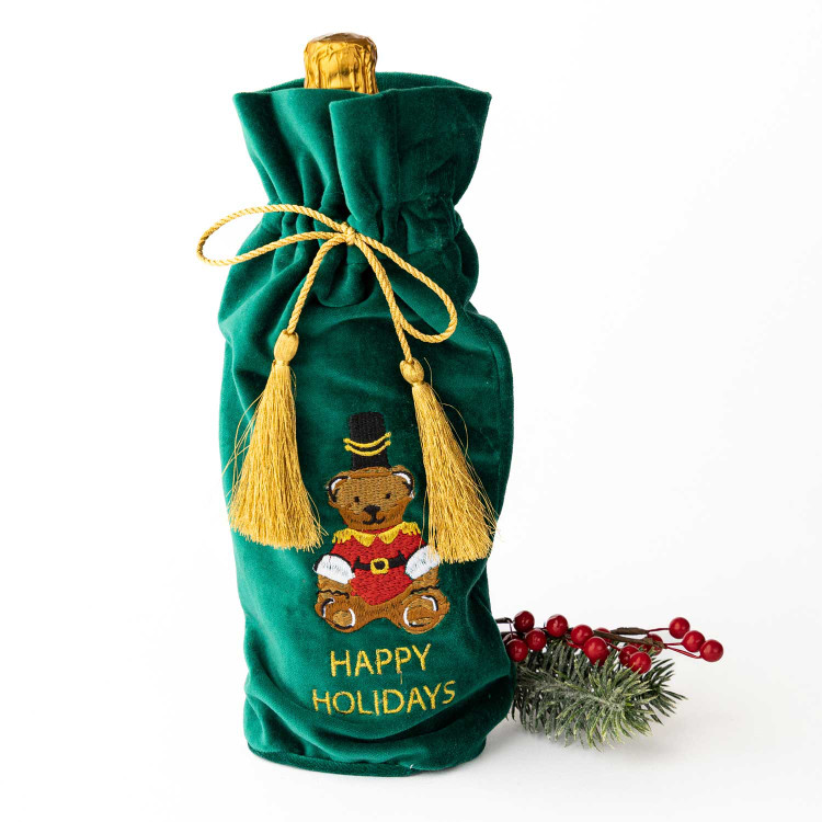 8 Oak Lane Teddy Bear Embroidered Green Wine Bag