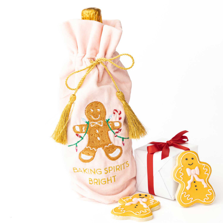 8 Oak Lane Gingerbread Embroidered Pink Wine Bag