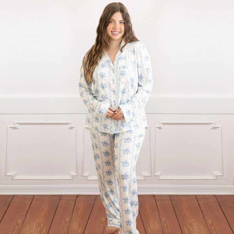 8 Oak Lane women’s blue rose vine long sleeve pajama set with button-down top and drawstring pants (front view)