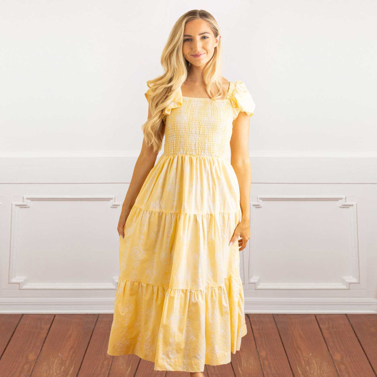 8 Oak Lane women’s yellow cotton maxi dress with smocked bodice, flutter sleeves and damask print (front view)