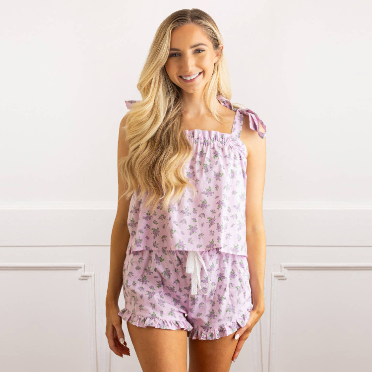 8 Oak Lane women’s lilac floral cotton pajama set with smocked tank top, tie straps and ruffle trim shorts (front view)