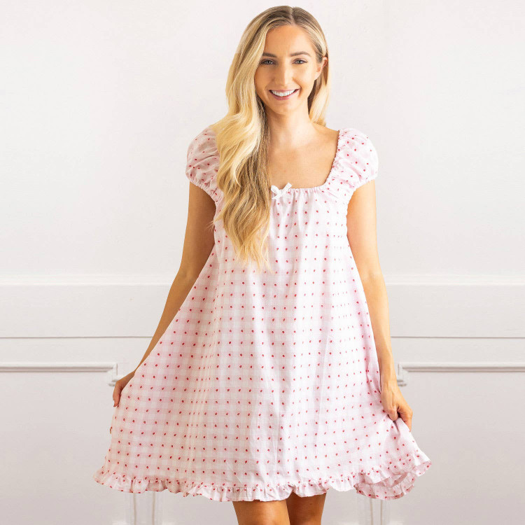 8 Oak Lane women’s pink gingham cotton sleep dress with strawberry print, cap sleeves and ruffle hem (front view)