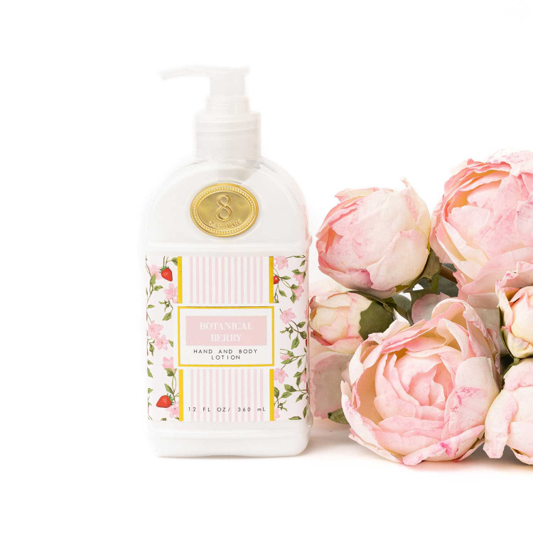 8 Oak Lane botanical berry hand and body lotion in pink bottle with strawberry and vine floral pattern (front view)