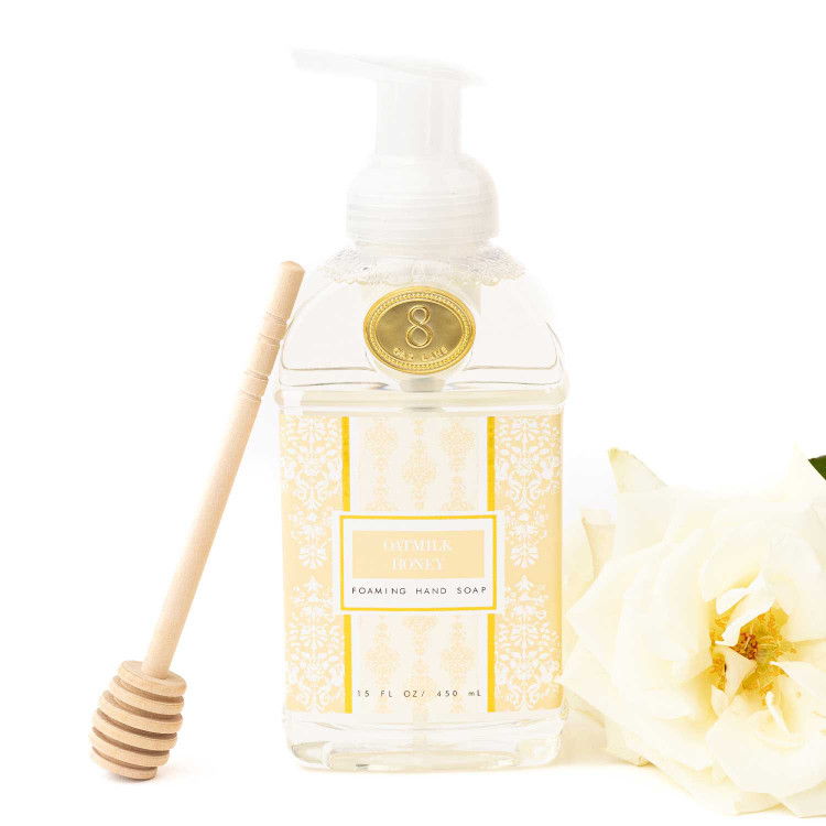 8 Oak Lane oatmilk honey foaming hand soap in cream bottle with warm neutral design (front view)