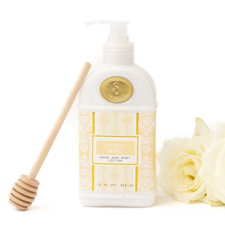 8 Oak Lane oatmilk honey hand and body lotion in cream bottle with warm neutral design (front view)