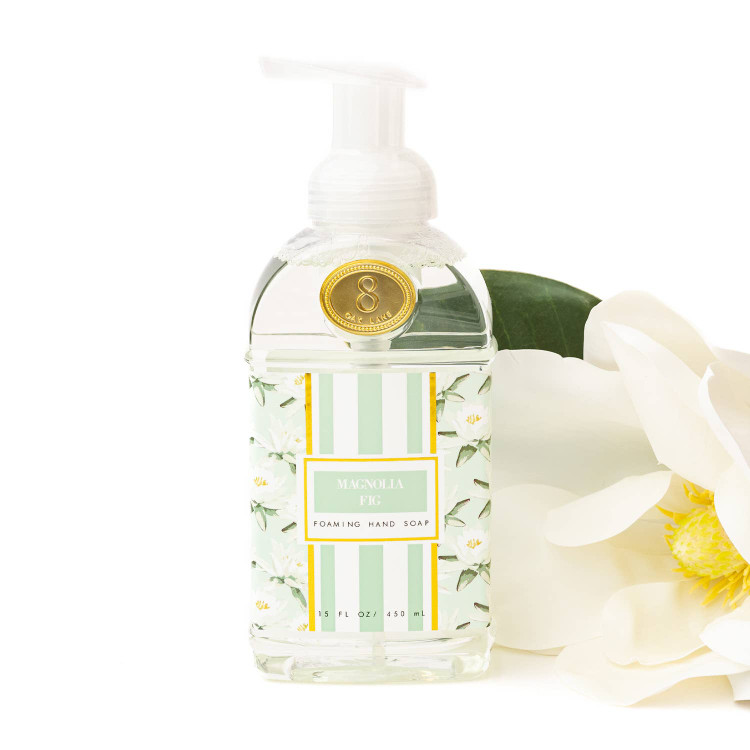 8 Oak Lane magnolia fig foaming hand soap in mint bottle with soft green botanical pattern (front view)