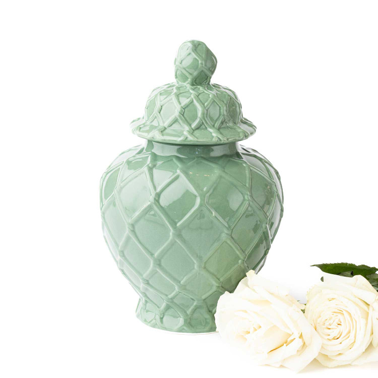 8 Oak Lane large green textured ginger jar with decorative lid and glossy ceramic finish (front view)