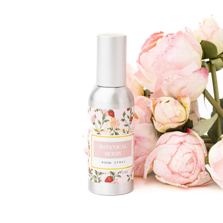 8 Oak Lane botanical berry room spray in pink bottle with strawberry and vine floral pattern (front view)