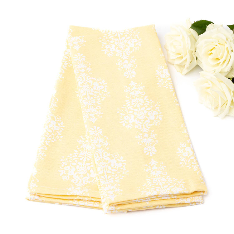 8 Oak Lane golden damask kitchen towel set in soft yellow with elegant damask pattern (front view)