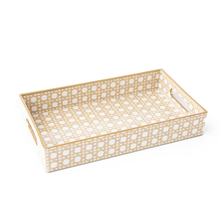 8 Oak Lane tan cane vanity tray with woven rattan design and rectangular shape (front view)