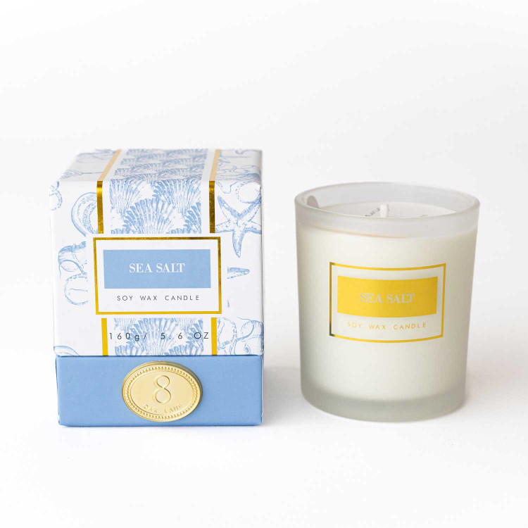 8 Oak Lane sea salt candle 5.6oz in glass jar with blue toile boxed packaging (front view)