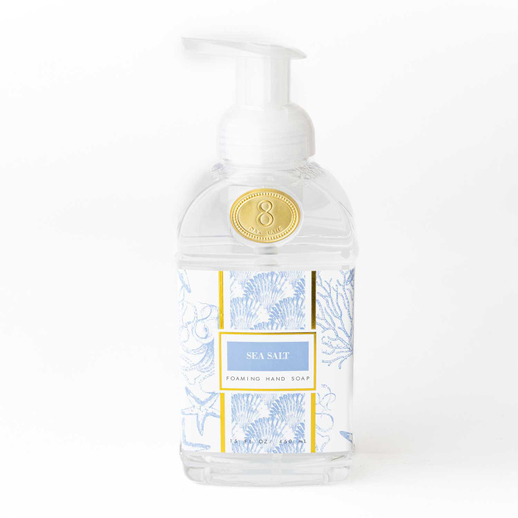 8 Oak Lane sea salt foaming hand soap in blue toile pump bottle (front view)