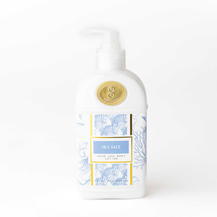8 Oak Lane sea salt hand and body lotion in blue toile bottle with pump (front view)