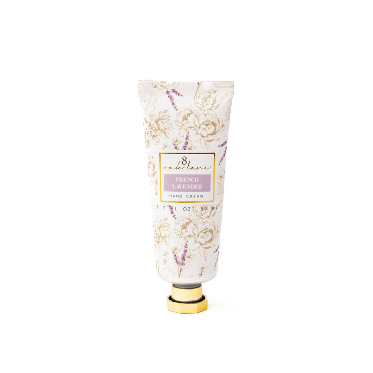 French Lavender & Cedar hand cream tube with a printed lavender toile design