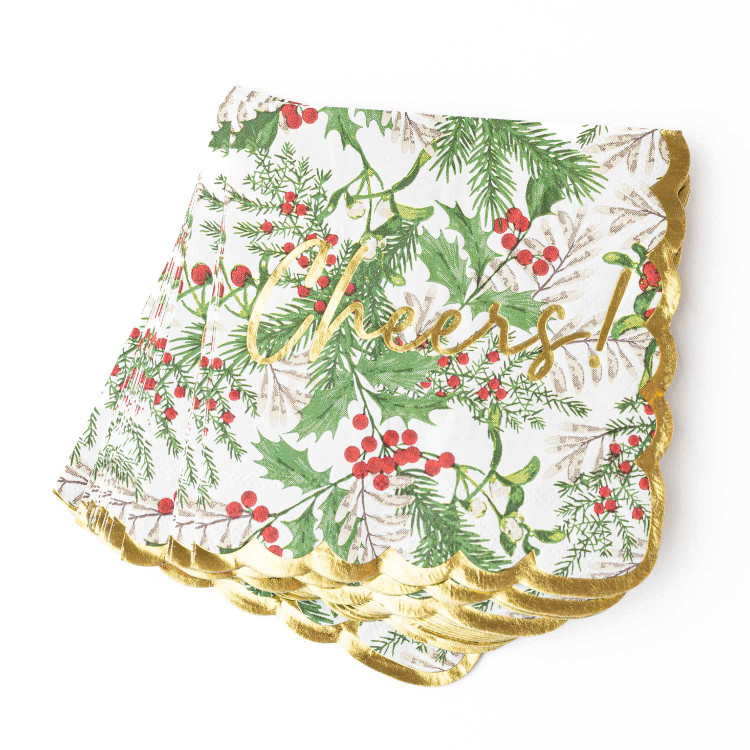 Woodland berry print beverage napkin with a gold 'Cheers!' script and scalloped gold edge
