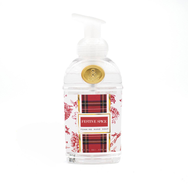 Festive Spice foaming hand soap pump bottle with a red plaid and toile print
