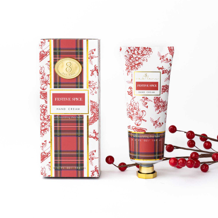 Festive Spice hand cream box and tube in a red plaid and toile print