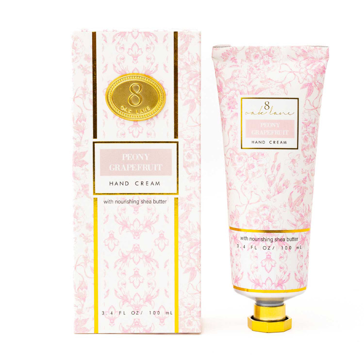 Peony Grapefruit hand cream box and tube in a pink floral toile print