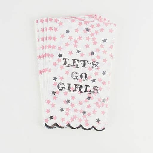 Pink and silver star print paper guest towel with 'Let's Go Girls' foil lettering