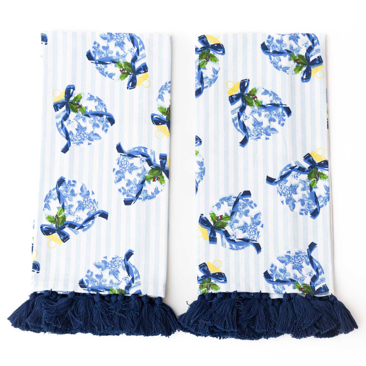 Two Holiday Chinoiserie kitchen towels with navy tassel fringe trim