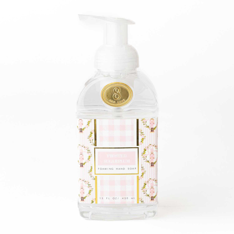 Frosted Sugarplum foaming hand soap pump bottle in a pink gingham nutcracker print