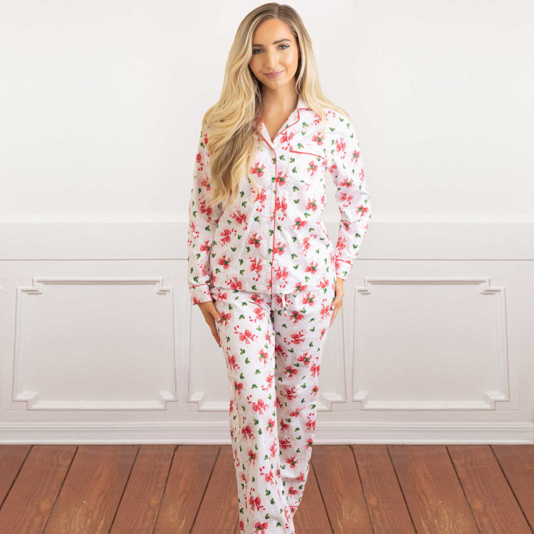 Holly Jolly Bows flannel pajama set with a white holly and bow print