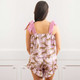 8 Oak LaneLavender Leopard Tie Top Satin Ruffle Short PJ Set