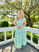 Image of 8 Oak Lane Green Deco Palm Smocked Flutter Sleeve Dress