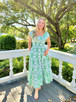 Detail of 8 Oak Gifts Green Deco Palm Smocked Flutter Sleeve Dress