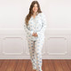 8 Oak Lane women’s blue rose vine long sleeve pajama set with button-down top and drawstring pants (front view)