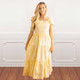 8 Oak Lane women’s yellow cotton maxi dress with smocked bodice, flutter sleeves and damask print (front view)