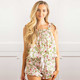 8 Oak Lane women’s cotton pajama set in botanical berry print with smocked tank top, tie straps and ruffle trim shorts (front view)