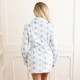 Back view of women’s plush robe with blue floral print and relaxed silhouette