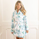 8 Oak Lane women’s plush robe in blue hydrangea floral print with pink ribbons, tie waist and relaxed fit (front view)