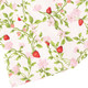 Close-up of botanical berry kitchen towel with green vines and strawberry bud print on soft cotton fabric
