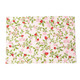 Rectangular botanical berry placemat with green vines and strawberry bud print on pink background (top view)
