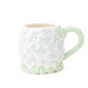 Green floral ceramic coffee mug with hydrangea-inspired pattern and curved handle (product view)