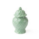 Green ceramic ginger jar with textured pattern and removable lid for home decor (angled view)