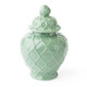 Green ceramic ginger jar with textured pattern and removable lid for home decor (angled view)
