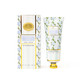 Boxed oakwood cedar hand cream 100ml with mint and blue rose floral design and gold trim (packaging view)
