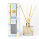 8 Oak Lane sea salt reed diffuser with glass bottle and natural reeds in blue toile packaging (front view)