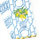 Folded paper guest towel with a lemon tree and blue trellis print, finished with gold foil scalloped edge (alternate angle)