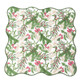 Folded cotton dinner napkin with a woodland berry and holly print and a scalloped green edge (styled detail view)