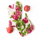Pomegranate Grove print oven mitt and pot holder set styled with fresh pomegranates