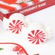 Two ceramic salt and pepper shakers shaped like wrapped peppermint candies with red swirl centers (close-up view)