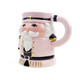Pink ceramic mug shaped like a dimensional nutcracker with gold trim (alternate angle)