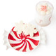 Ceramic dessert plate shaped like a red and white swirled peppermint candy, holding snowflake cookies